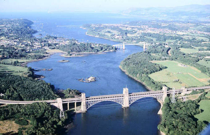 The Menai and Britannia bridges from the air